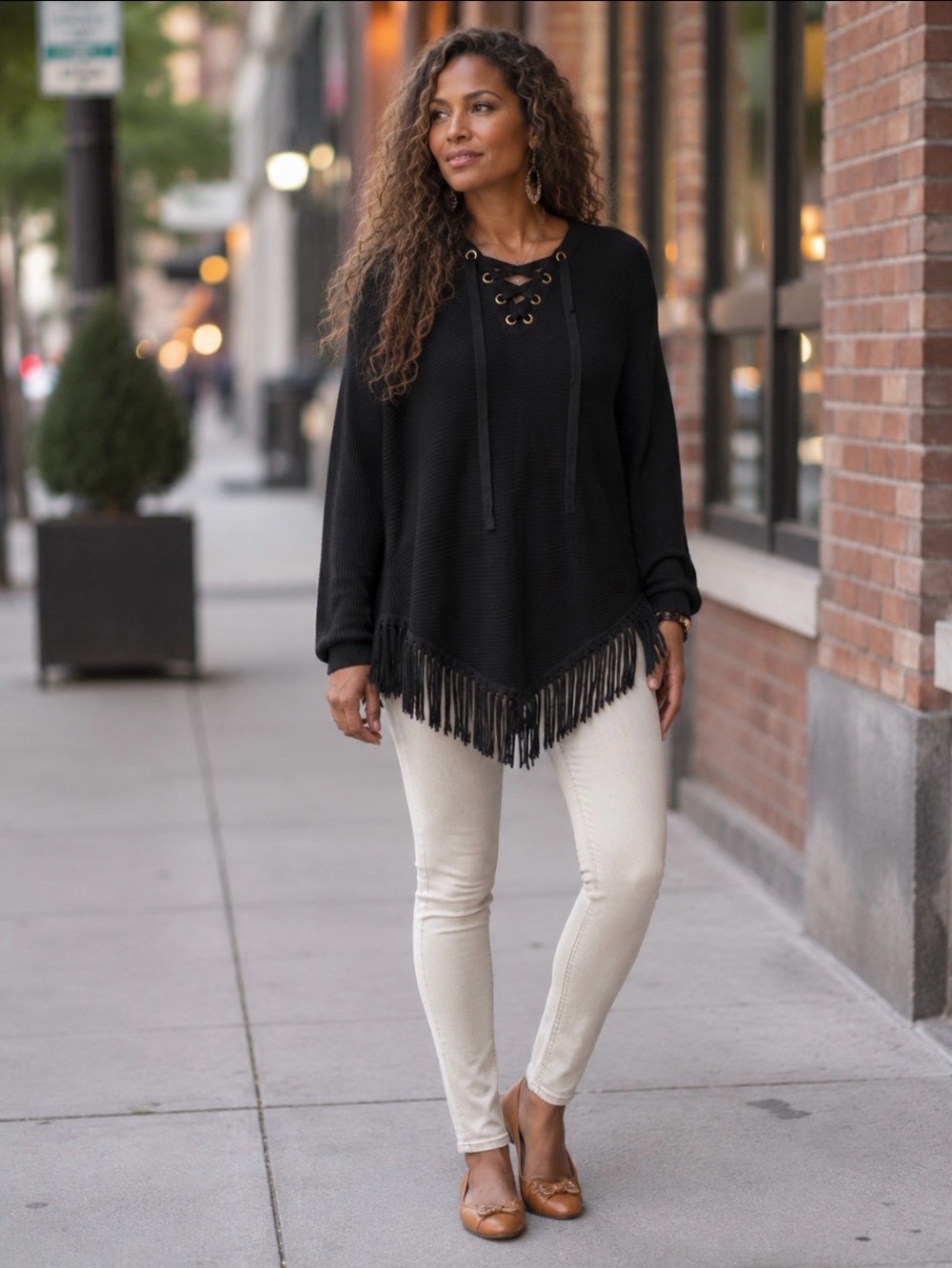 INC International Concepts Black Lace-Up Fringe Knit Poncho Sweater Size L